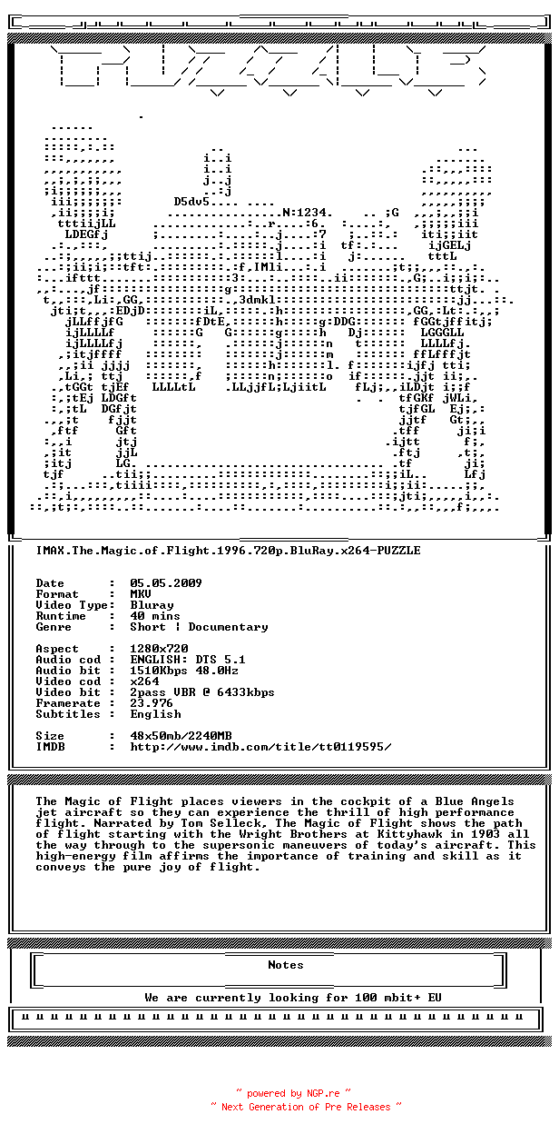 NFO for the release IMAX.The.Magic.of.Flight.1996.720p.BluRay.x264-PUZZLE by PUZZLE