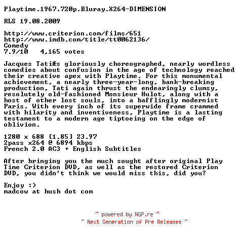 NFO for the release Playtime.1967.720p.Bluray.X264-DIMENSION by DIMENSION
