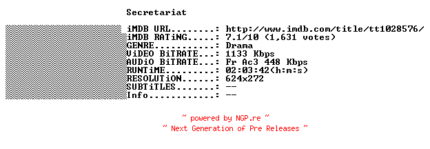 NFO for the release Secretariat.2010.FRENCH.BDRiP.XViD-THENiGHTMARE by THENiGHTMARE