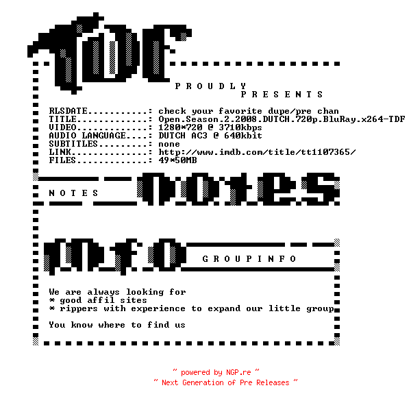 NFO for the release Open.Season.2.2008.DUTCH.720p.BluRay.x264-TDF by TDF