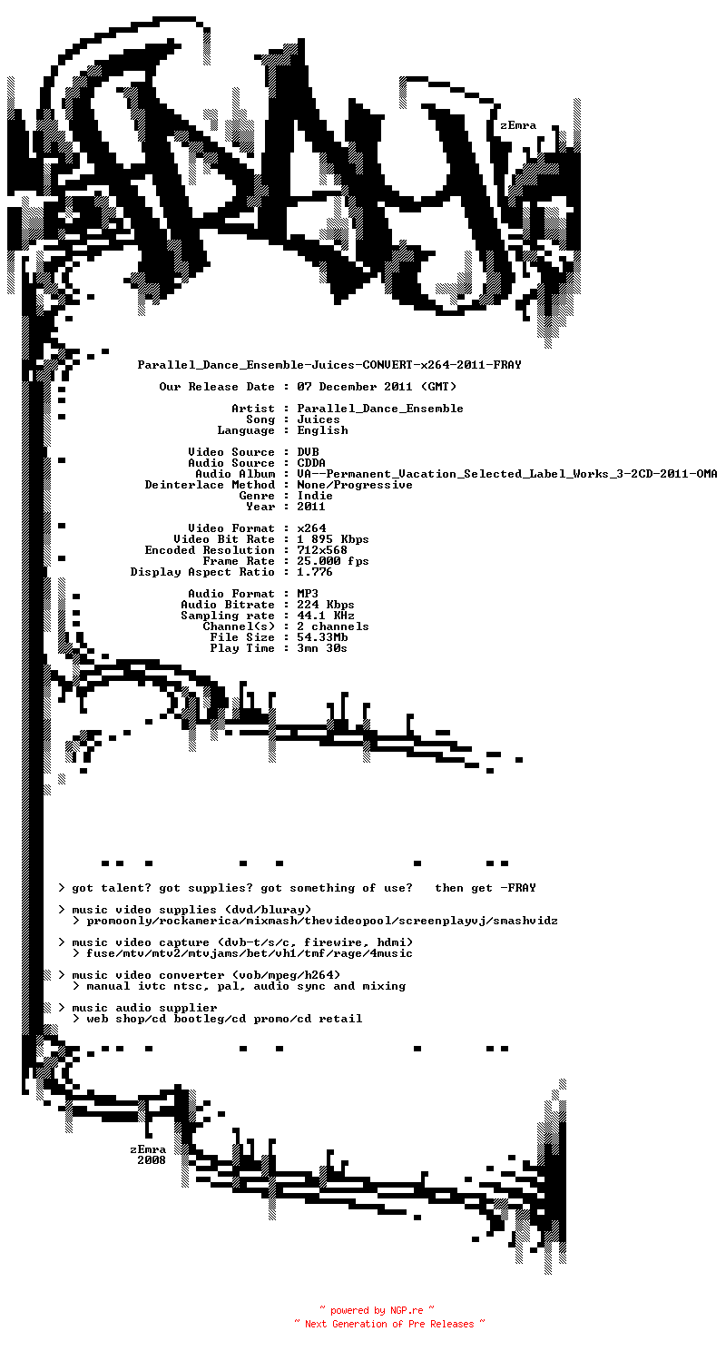 NFO for the release Parallel_Dance_Ensemble-Juices-CONVERT-x264-2011-FRAY by FRAY