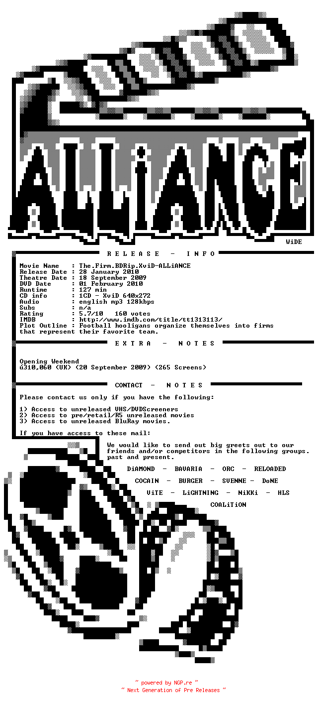 NFO for the release The.Firm.BDRip.XviD-ALLiANCE by ALLiANCE