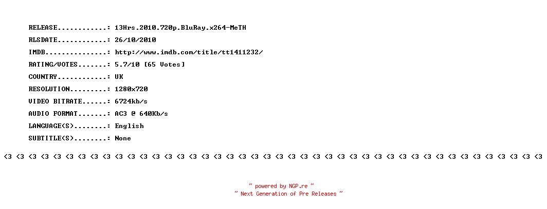 NFO for the release 13Hrs.2010.720p.BluRay.x264-MeTH by MeTH