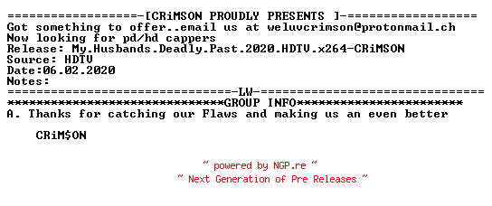 NFO for the release My.Husbands.Deadly.Past.2020.HDTV.x264-CRiMSON by CRiMSON