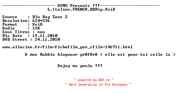 NFO for the release L.Italien.FRENCH.BDRip.XviD-AYMO by AYMO