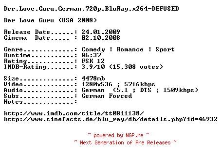 NFO for the release Der.Love.Guru.German.720p.BluRay.x264-DEFUSED by DEFUSED