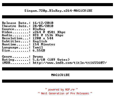 NFO for the release Singam.720p.BluRay.x264-MAGiCViBE by MAGiCViBE