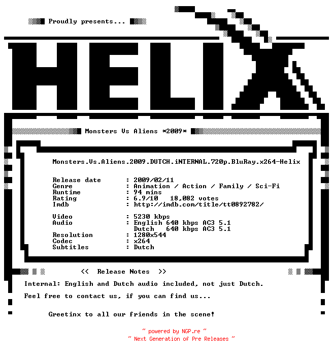 NFO for the release Monsters.Vs.Aliens.2009.DUTCH.iNTERNAL.720p.BluRay.x264-Helix by Helix