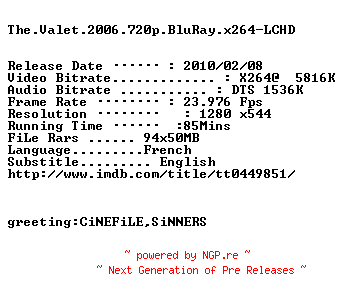 NFO for the release The.Valet.2006.720p.BluRay.x264-LCHD by LCHD