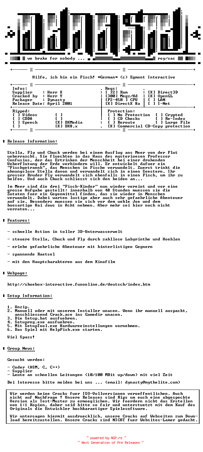 NFO for the release Hilfe.Ich.bin.ein.Fisch.GERMAN-DYNASTY by DYNASTY
