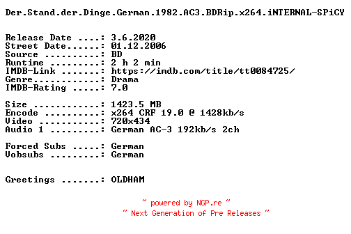 NFO for the release Der.Stand.der.Dinge.German.1982.AC3.BDRip.x264.iNTERNAL-SPiCY by SPiCY