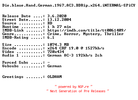NFO for the release Die.blaue.Hand.German.1967.AC3.BDRip.x264.iNTERNAL-SPiCY by SPiCY