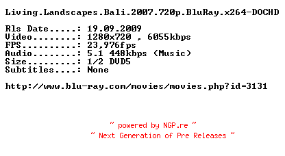 NFO for the release Living.Landscapes.Bali.2007.720p.BluRay.x264-DOCHD by DOCHD