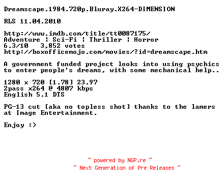 NFO for the release Dreamscape.1984.720p.Bluray.X264-DIMENSION by DIMENSION