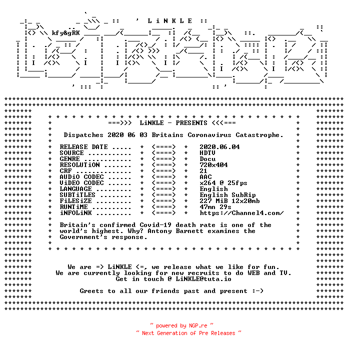 NFO for the release Dispatches.2020.06.03.Britains.Coronavirus.Catastrophe.HDTV.x264-LiNKLE by LiNKLE