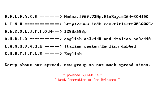 NFO for the release Medea.1969.720p.BluRay.x264-SONiDO by SONiDO