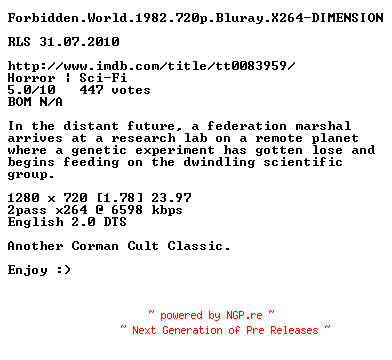NFO for the release Forbidden.World.1982.720p.Bluray.X264-DIMENSION by DIMENSION
