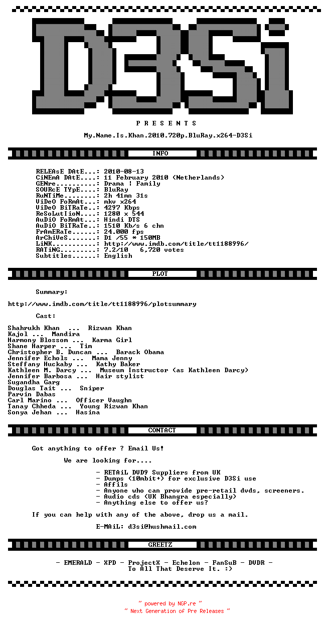 NFO for the release My.Name.Is.Khan.2010.720p.BluRay.x264-D3Si by D3Si