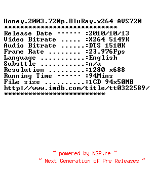 NFO for the release Honey.2003.720p.BluRay.x264-AVS720 by AVS720