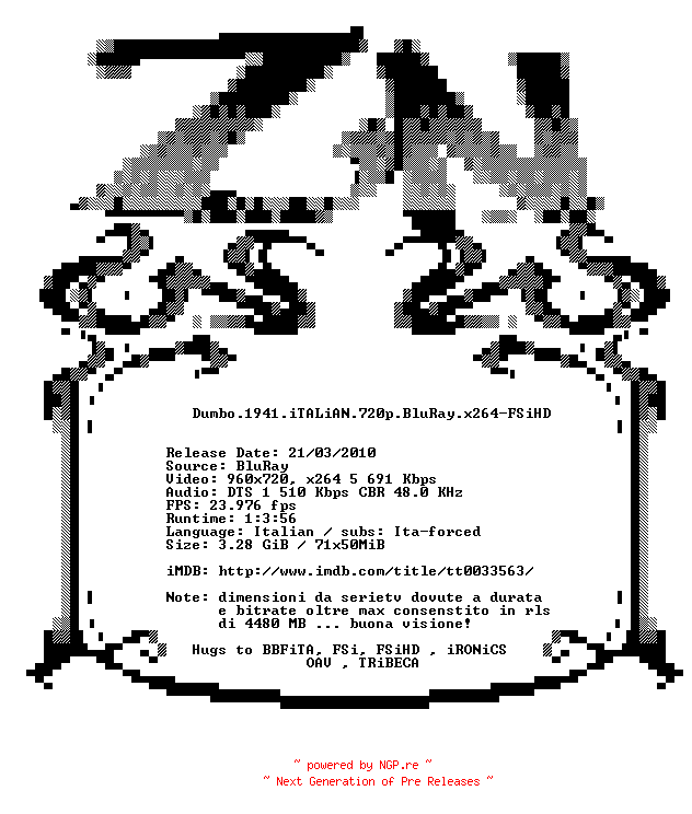 NFO for the release Dumbo.1941.iTALiAN.720p.BluRay.x264-FSiHD by FSiHD