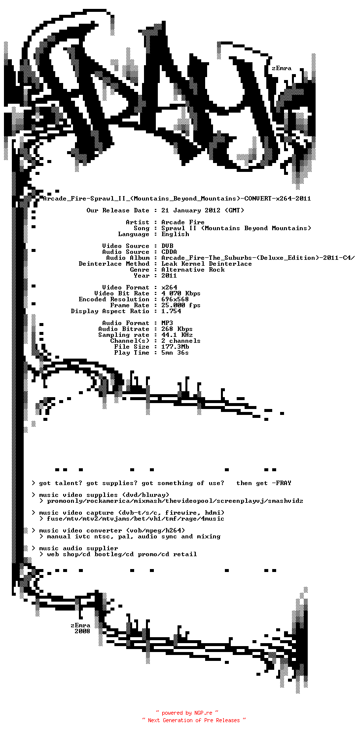 NFO for the release Arcade_Fire-Sprawl_II_(Mountains_Beyond_Mountains)-CONVERT-x264-2011-FRAY by FRAY