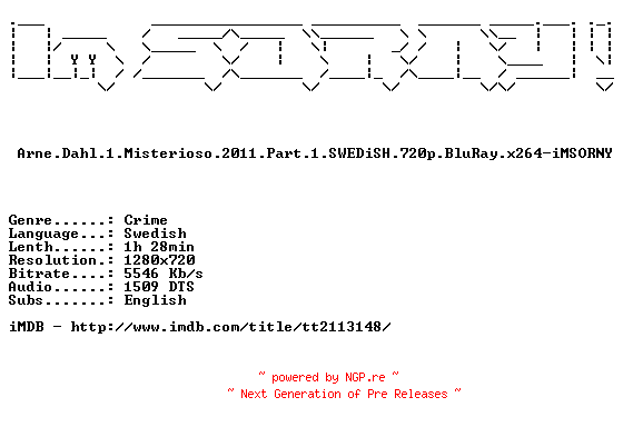 NFO for the release Arne.Dahl.1.Misterioso.2011.Part.2.SWEDiSH.720p.BluRay.x264-iMSORNY by iMSORNY