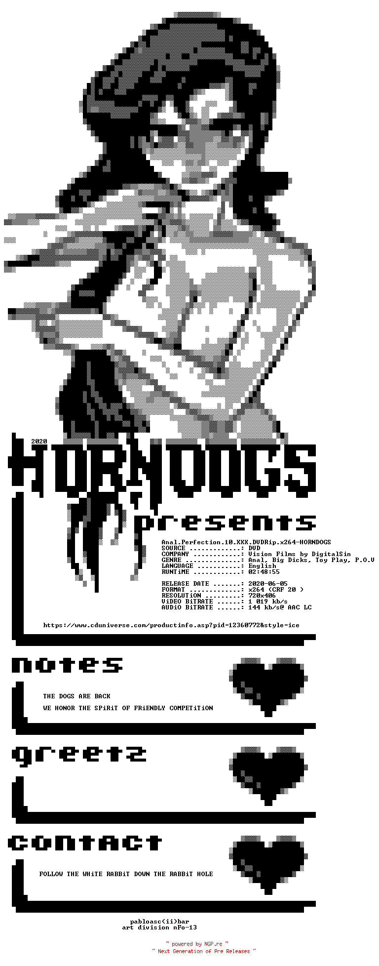 NFO for the release Anal.Perfection.10.XXX.DVDRip.x264-HORNDOGS by HORNDOGS