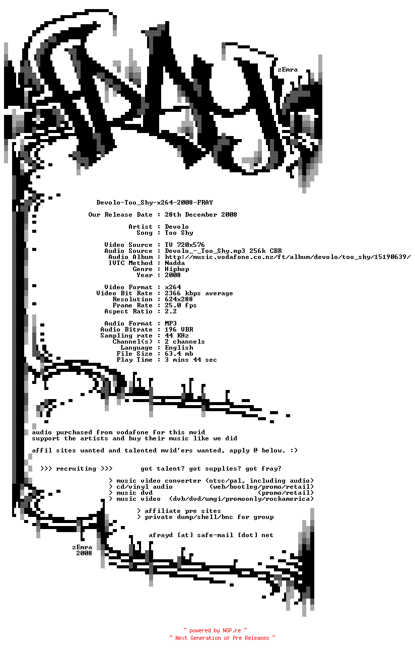 NFO for the release Devolo-Too_Shy-x264-2008-FRAY by FRAY