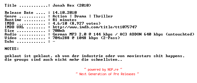NFO for the release Jonah.Hex.German.2010.BDRip.XviD-TOLATE by TOLATE