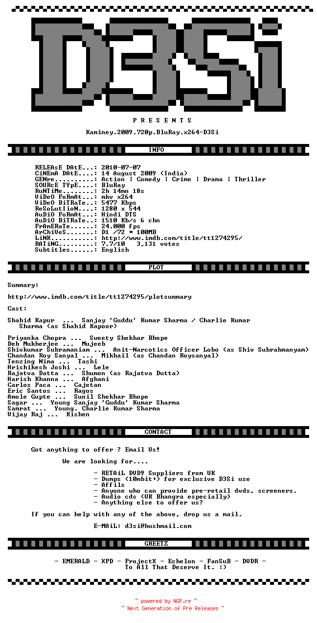 NFO for the release Kaminey.2009.720p.BluRay.x264-D3Si by D3Si