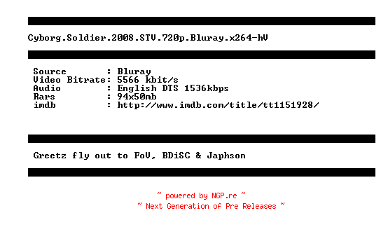NFO for the release Cyborg.Soldier.2008.STV.720p.Bluray.x264-hV by hV