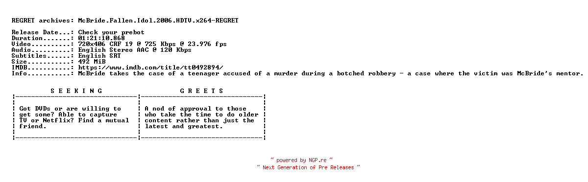 NFO for the release McBride.Fallen.Idol.2006.HDTV.x264-REGRET by REGRET