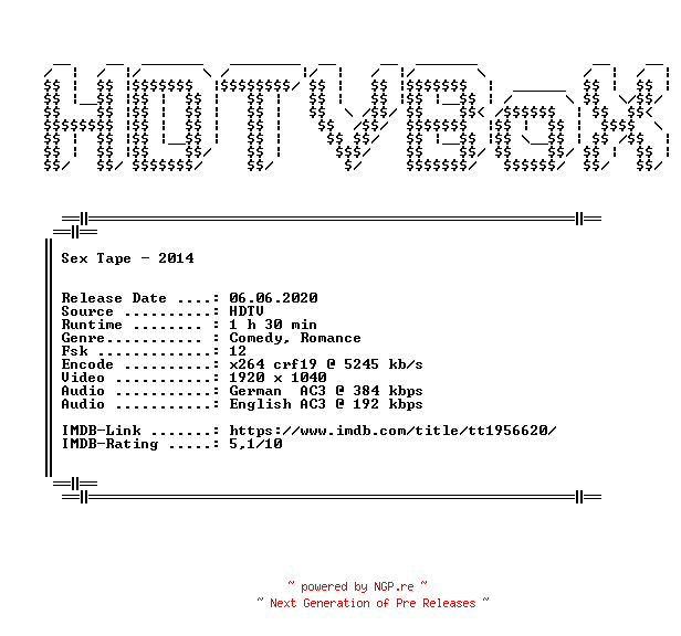 NFO for the release Sex.Tape.2014.German.DL.1080p.HDTV.x264.iNTERNAL-HDTVBoX by HDTVBoX