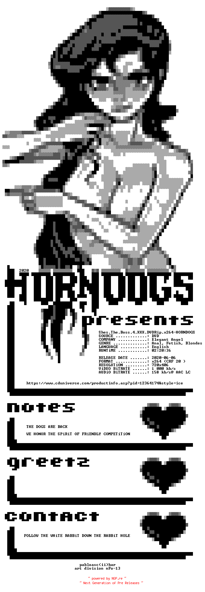 NFO for the release Shes.The.Boss.4.XXX.DVDRip.x264-HORNDOGS by HORNDOGS