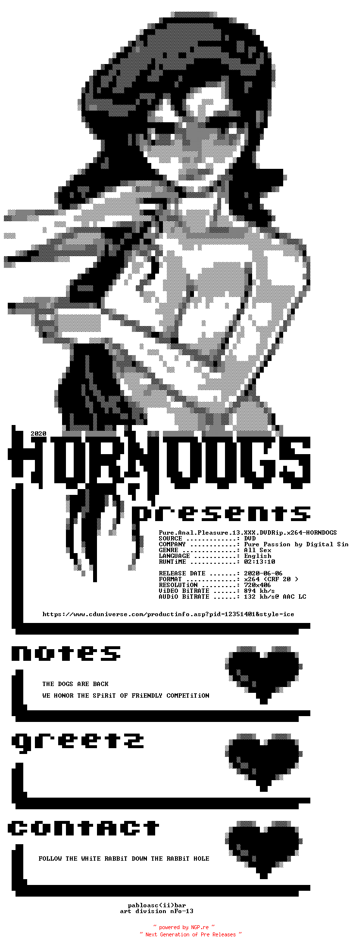 NFO for the release Pure.Anal.Pleasure.13.XXX.DVDRip.x264-HORNDOGS by HORNDOGS