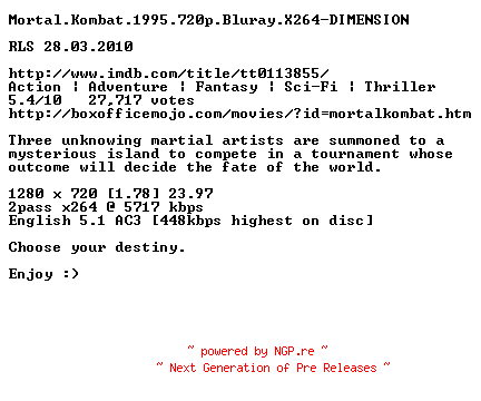 NFO for the release Mortal.Kombat.1995.720p.Bluray.X264-DIMENSION by DIMENSION