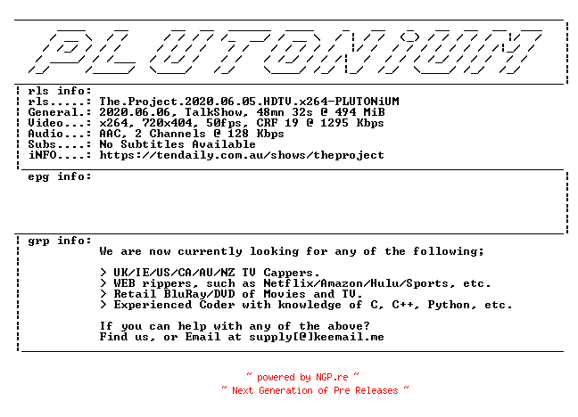 NFO for the release The.Project.2020.06.05.HDTV.x264-PLUTONiUM by PLUTONiUM