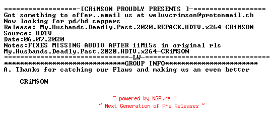 NFO for the release My.Husbands.Deadly.Past.2020.REPACK.HDTV.x264-CRiMSON by CRiMSON