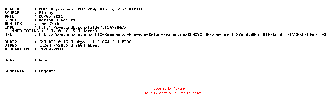 NFO for the release 2012.Supernova.2009.720p.BluRay.x264-SEMTEX by SEMTEX