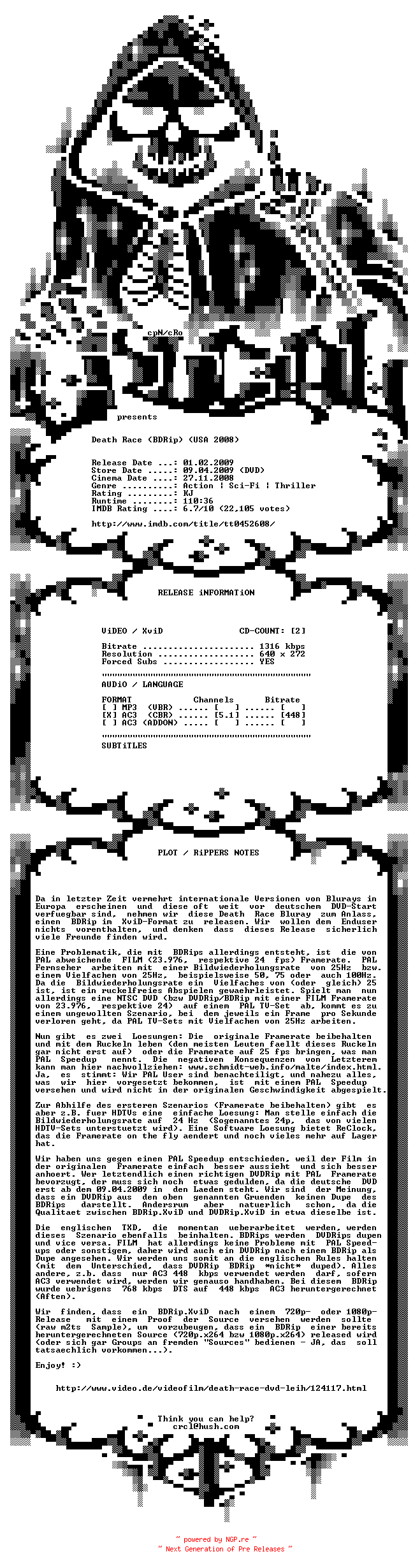 NFO for the release Death.Race.German.AC3.BDRip.XviD.READ.NFO-CRUCiAL by CRUCiAL
