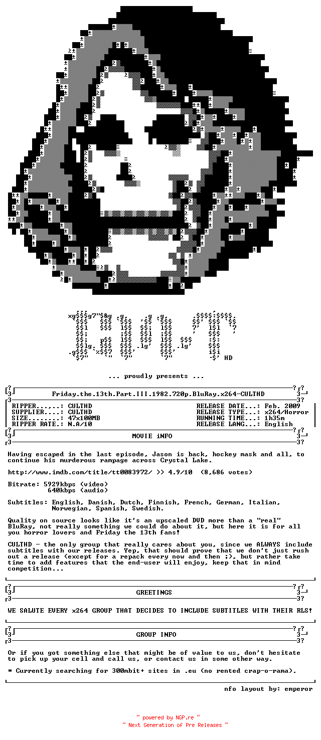 NFO for the release Friday.the.13th.Part.III.1982.720p.BluRay.x264-CULTHD by CULTHD