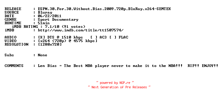 NFO for the release ESPN.30.For.30.Without.Bias.2009.720p.BluRay.x264-SEMTEX by SEMTEX