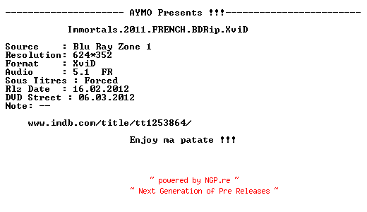 NFO for the release Immortals.2011.FRENCH.BDRip.XviD-AYMO by AYMO