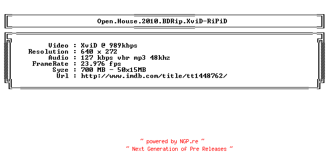 NFO for the release Open.House.2010.BDRip.XviD-RiPiD by RiPiD