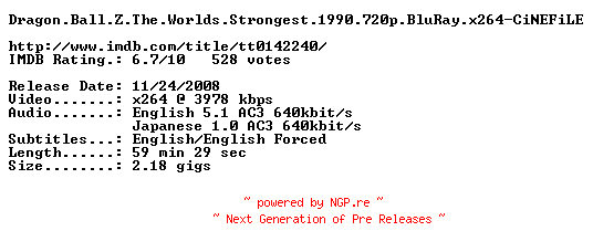 NFO for the release Dragon.Ball.Z.The.Worlds.Strongest.1990.720p.BluRay.x264-CiNEFiLE by CiNEFiLE