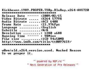 NFO for the release Kickboxer.1989.PROPER.720p.BluRay.x264-AVS720 by AVS720