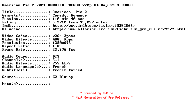 NFO for the release American.Pie.2.2001.UNRATED.FRENCH.720p.BluRay.x264-ROUGH by ROUGH