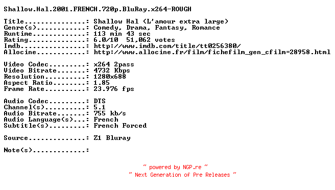 NFO for the release Shallow.Hal.2001.FRENCH.720p.BluRay.x264-ROUGH by ROUGH