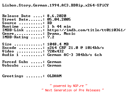 NFO for the release Lisbon.Story.German.1994.AC3.BDRip.x264-SPiCY by SPiCY