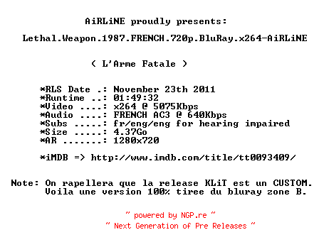 NFO for the release Lethal.Weapon.1987.FRENCH.720p.BluRay.x264-AiRLiNE by AiRLiNE